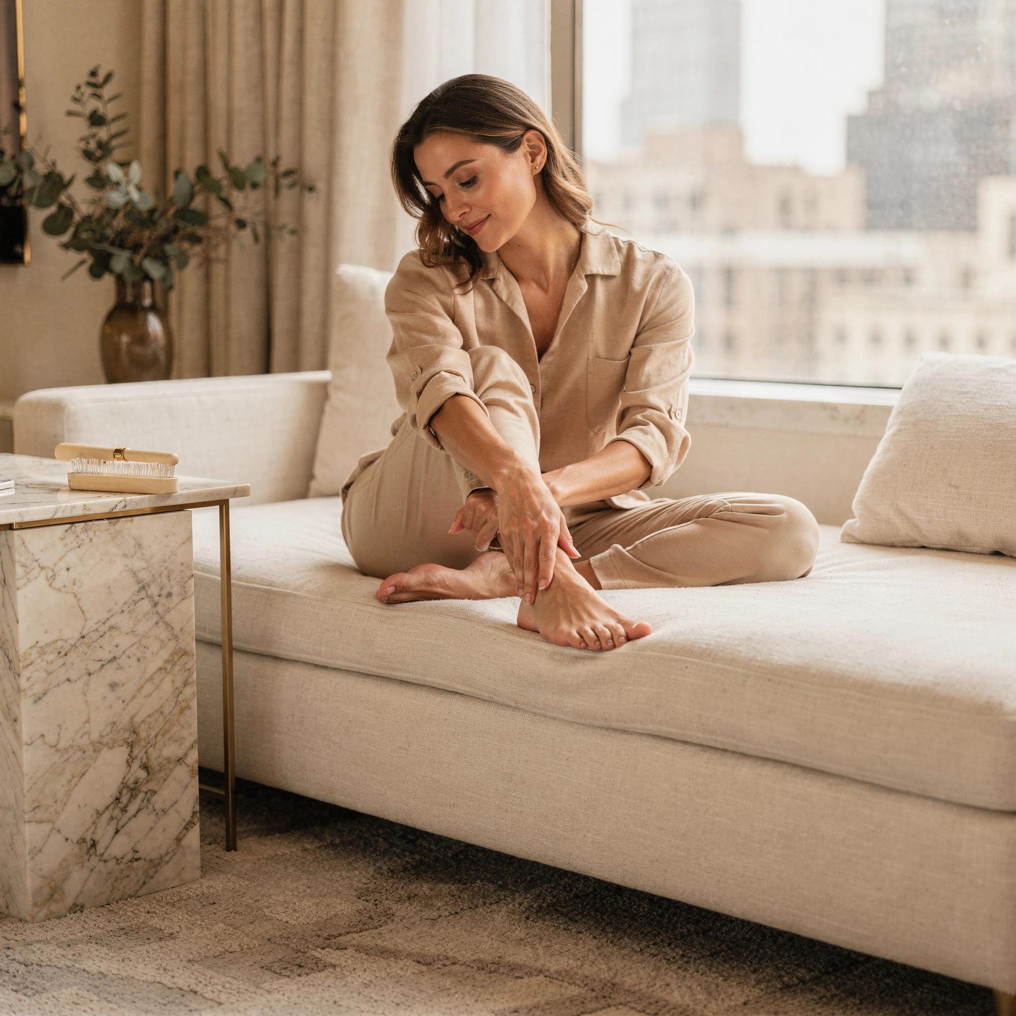 Woman examining her foot while sitting on a couch in a modern apartment with city views